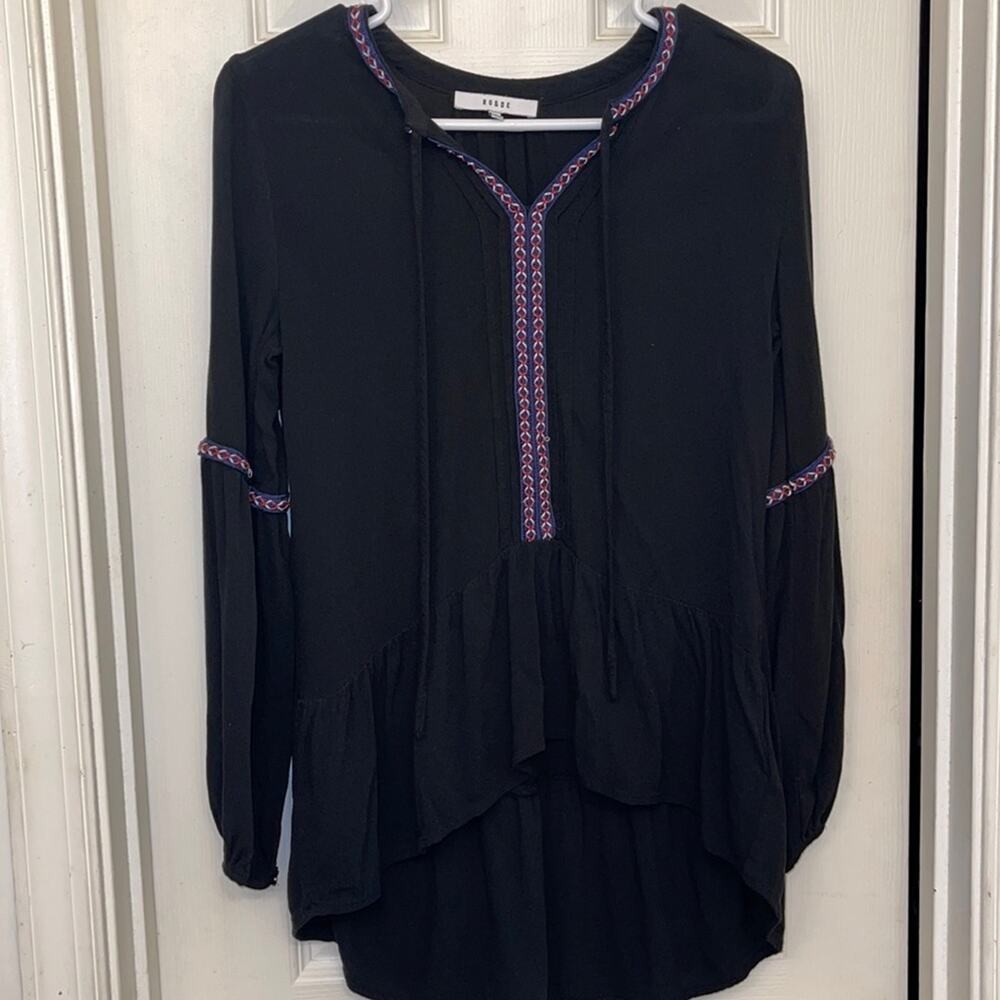 Ro & De Anthropologie Black High Low Ruffle hem bohemian Grunge Top size XS